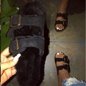 Double buckle faux fur sandals